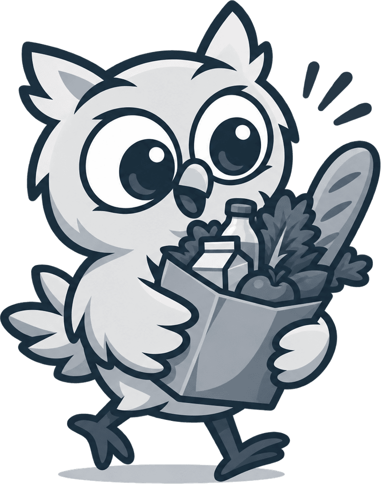 The Smopper owl carrying a bag of groceries